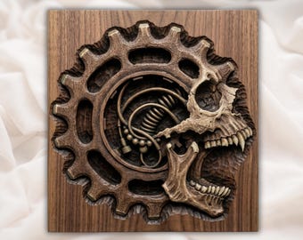 Steampunk Skull STL | Mechanical Gear Skull Relief Model | Industrial CNC Wood Carving Design| Biomechanical Gothic Wall art| Workshop Decor