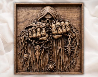 Grim Reaper Game Over Skull Knuckles CNC Relief STL | Dark Gothic Wall Art Panel | Man Cave Wood Carving Design Aspire VCarve