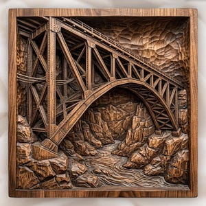 May include: A square wooden wall art piece featuring a detailed relief carving of a steel truss bridge spanning a rocky canyon with a flowing river below. The artwork is rendered in a dark brown wood tone with intricate textures on the rock faces.