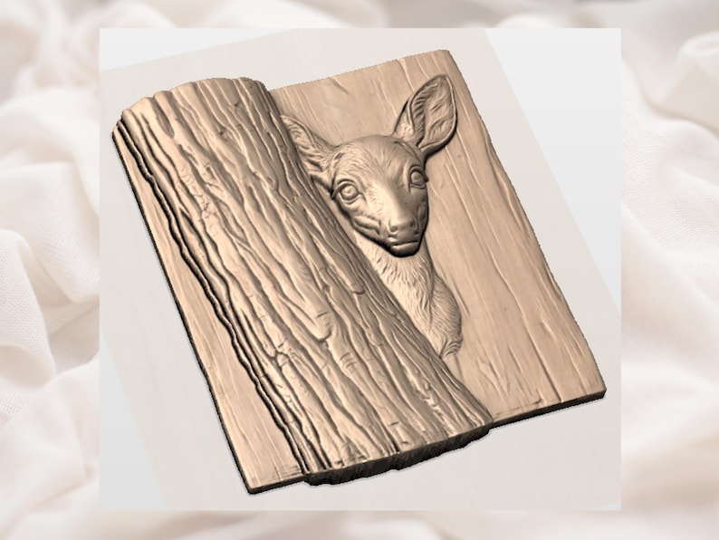 May include: A detailed relief carving of a deer peeking out from behind a textured wooden log and plank. The deer has large ears and a gentle expression. The carving is in a natural wood tone.