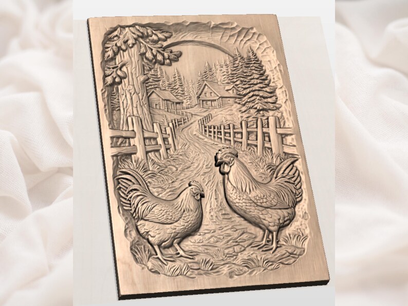 May include: A wooden relief carving depicting a rural scene with two chickens in the foreground. The detailed artwork shows a path leading to houses, trees, and a fence, all carved in a warm, natural wood tone.