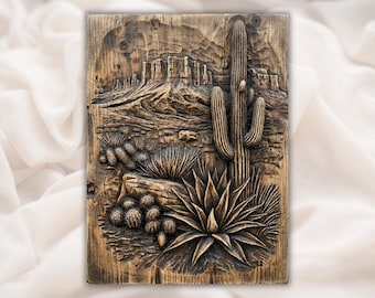 Desert Cactus 3D Relief STL | CNC Router Wood Carving File | Saguaro Agave Arizona Landscape Wall Art Panel | Western Rustic Decor