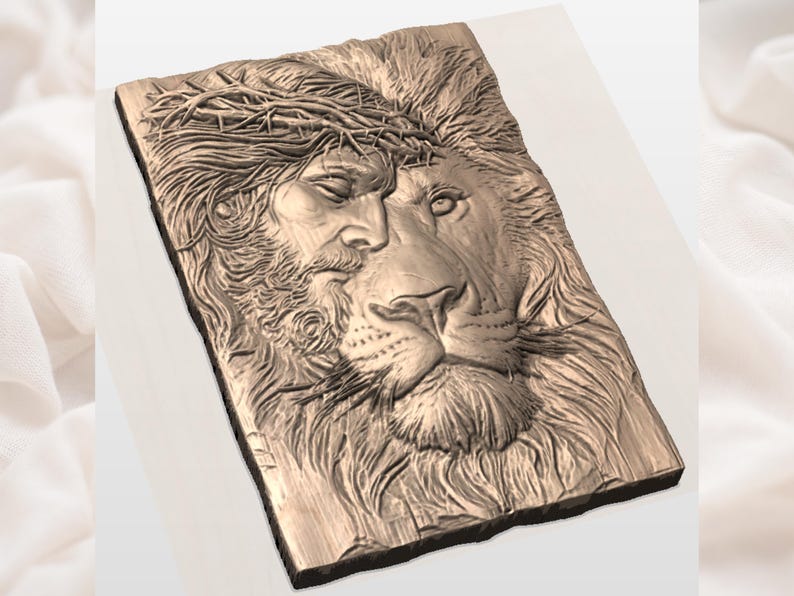 May include: A detailed relief carving depicts the face of a man wearing a crown of thorns, merging with the face of a lion. The artwork is rendered in shades of brown and tan, with intricate textures and shadows. The overall theme is religious.