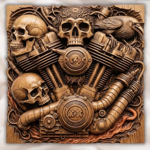 May include: A detailed wooden carving featuring a motorcycle engine design, skulls, and a raven. The AC/DC logo is visible on the engine. The artwork is in shades of brown and tan, with intricate details.