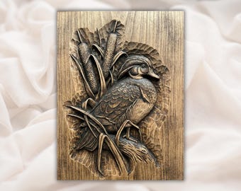 Pato de madera en relieve 3D, archivo STL / Pato entre juncos con veta de madera, tallado CNC / Panel de arte mural de fauna de pantano / Impresión 3D y grabado láser