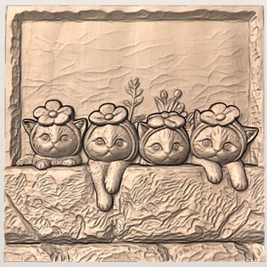 Funny Kittens in Flower Hats 3D Relief STL view 2