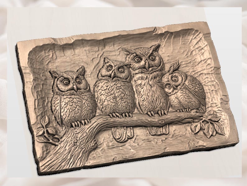 May include: A rectangular, wooden relief carving featuring four owls perched on a branch. The owls are detailed with textured feathers and expressive eyes. The carving has a natural, brown finish, and is set against a light background.