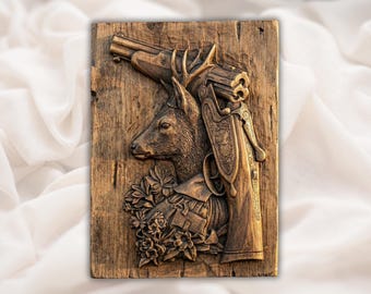 Deer & Shotgun 3D Relief STL | Buck Head Hunting Trophy Panel | CNC Router Carving File, 3D Print, Laser Engrave | Digital Download