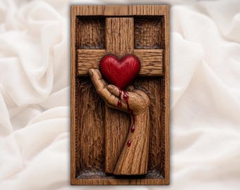 Sacred Heart Cross 3D Relief STL | Christian Wall Art | CNC Router Laser File