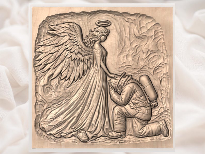 May include: A wooden relief carving depicts an angel with large wings and a halo, reaching out to a kneeling firefighter. The carving is in shades of brown and beige, with detailed textures. A shoe is visible near the angel.