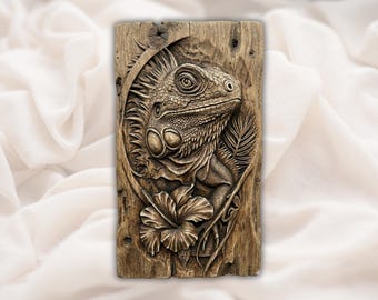Rzeźba 3D z brodatym smokiem w formacie STL | Panel z rzeźbionym usłojeniem drewna, jaszczurką i gadziną | Plik do frezarki CNC, druk 3D, grawerowanie laserowe