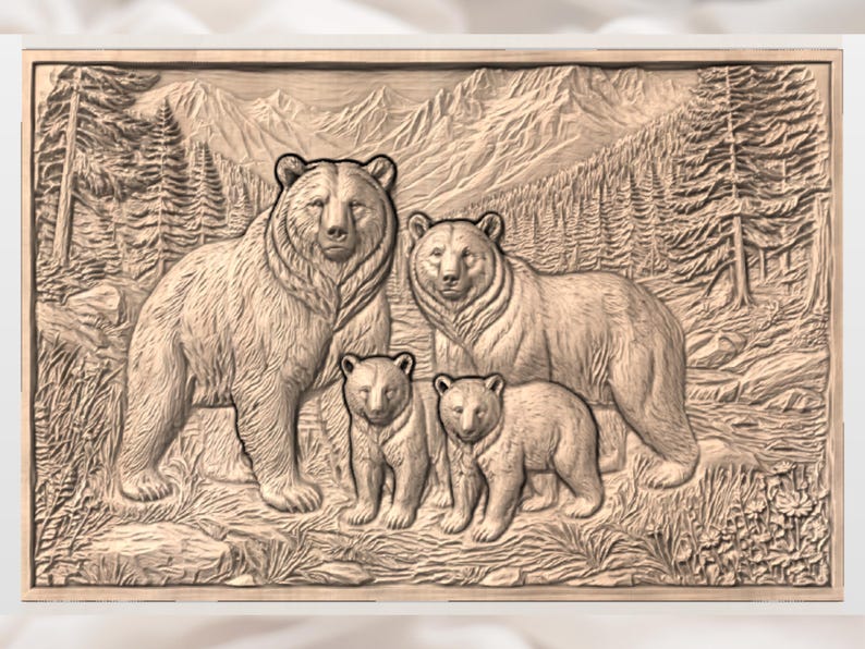 May include: A wooden relief carving depicts a bear family in a forest setting. Two adult bears stand behind two cubs. The background features a mountain range and trees, all rendered in a natural wood tone.