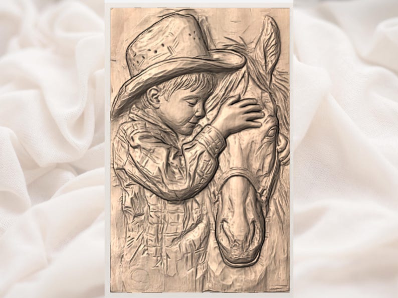Cowboy and Horse 3D Relief STL File | Cowboy Kid Western Wood Grain CNC Carving | Ranch Wall Art Panel | 3D Print & Laser Engraving image 3
