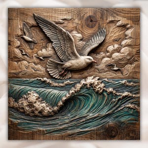 Seagull Ocean Waves 3D Relief STL File view 1