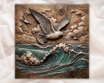 File STL in rilievo 3D con onde dell'oceano e gabbiano / Intaglio CNC con venature del legno di uccelli marini costieri / Pannello artistico da parete sulla spiaggia / Stampa 3D e incisione laser