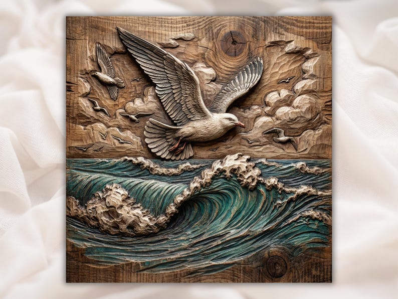 Seagull Ocean Waves 3D Relief STL File