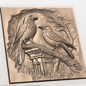 Raven Pair 3D STL Relief Panel view 2