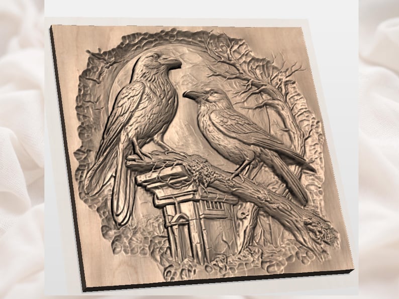 May include: A wooden relief carving featuring two ravens perched on a branch. The birds are intricately detailed, with visible feathers and beaks. The background includes a stylized tree and architectural elements, all within a decorative frame.