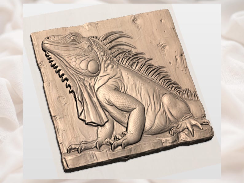 May include: A detailed relief carving of an iguana, rendered in a warm, earthy tone. The iguana is depicted in a side profile, showcasing its textured skin, spiky dorsal crest, and detailed claws. The carving is mounted on a rectangular wooden base.