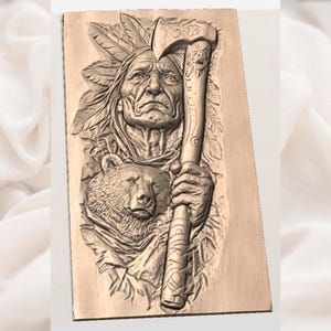 Native Warrior with Bear 3D Relief STL view 3