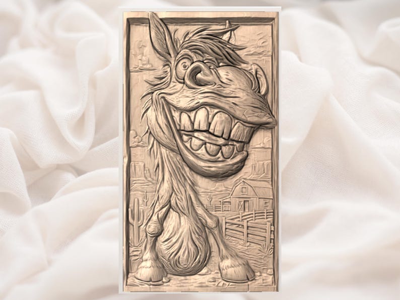 May include: A detailed, carved wooden relief depicting a smiling donkey with a large grin. The background features a desert landscape with cacti, a barn, and a fence. The donkey's features are exaggerated.