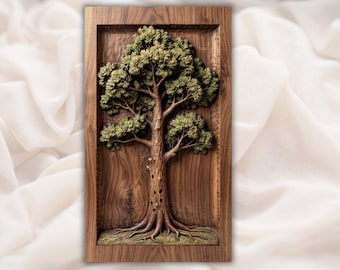 Szczegółowy dąb STL | Sztuka ścienna z motywem natury | Duży panel ścienny z drzewem STL | Plik z płaskorzeźbą 3D CNC do rzeźbienia w drewnie | Rustykalna tabliczka dekoracyjna z motywem natury