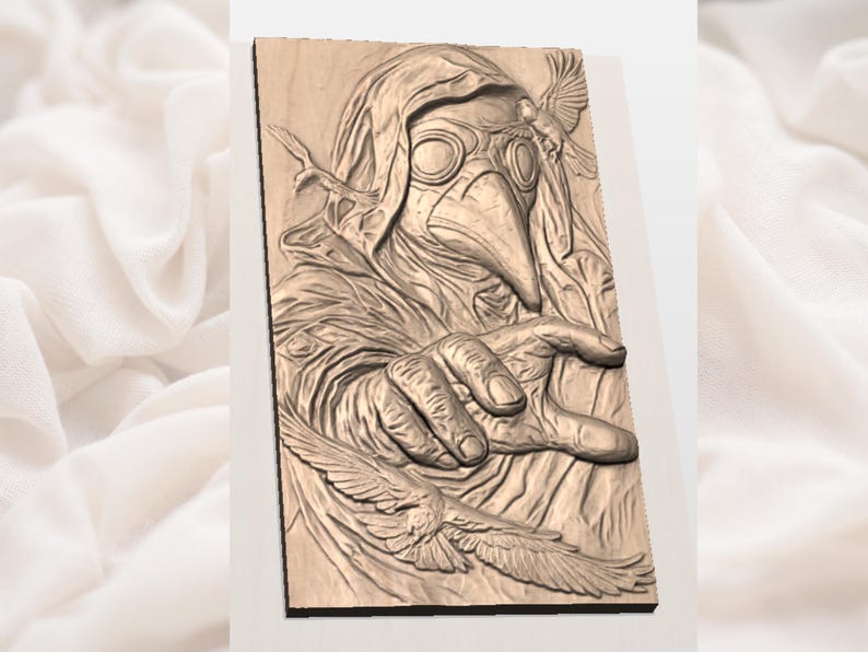 May include: A wooden relief carving depicting a plague doctor with a bird-like mask and hooded cloak. The carving features detailed hands and birds in flight, with a natural wood finish. The artwork is mounted on a rectangular wooden panel.