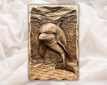 Delfinrelief STL | CNC-fräs 3D-sniderimodell | Havsliv i träådring Basreliefpanel | Kustnära nautisk väggdekoration