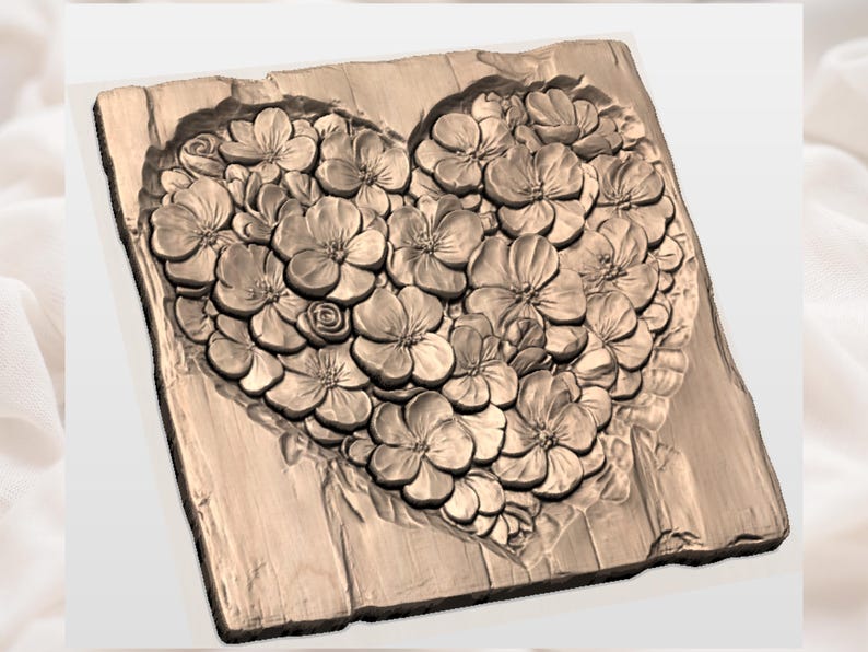 Relevo de Coração Floral em STL | Modelo para Usinagem CNC 3D | Painel em Baixo Relevo com Coração Floral e Textura de Madeira | Decoração de Parede para Casamento e Aniversário imagem 2