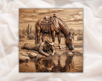 Cowboy en paard 3D-reliëf STL | Wandpaneel met waterscène Westelijke woestijn | Snijbestand voor CNC-router, 3D-print, lasergravure