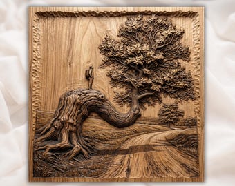 Tree on Cliff 3D Relief STL | Adventure Landscape CNC Router Wood Carving File | Nature Scene Bas-Relief Wall Art  | Home Decor