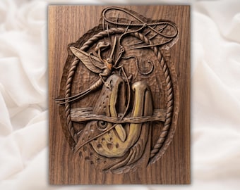 Zabawna płaskorzeźba 3D z pstrągiem do połowu muchowego (STL) | Panel z drewna z przynętą kowbojską | Sztuka ścienna z wędkarstwem | Pstrąg kowbojski (STL) | Zabawna tabliczka ścienna z wędkarstwem