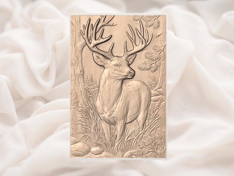 May include: A detailed wooden carving of a deer with large antlers, standing in a naturalistic setting with trees and tall grass. The artwork is in a rectangular frame, showcasing the deer's profile. The carving is in shades of brown.