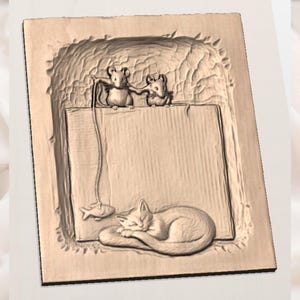Sleeping Cat , Fish  and Mice Relief STL view 2