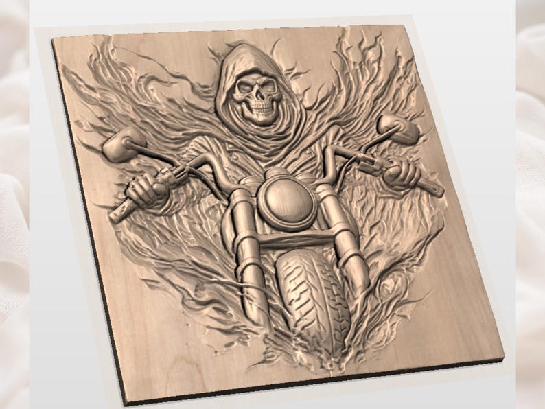 May include: A wooden relief carving of a grim reaper riding a motorcycle. The reaper is wearing a hooded cloak and has a skull face. The motorcycle is detailed with handlebars, a headlight, and a tire. Flames surround the motorcycle.