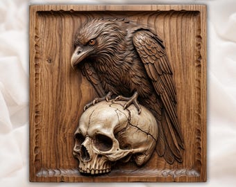 Gothic Raven Skull Guardian CNC Relief STL | Dark Wood Carving Panel | Memento Mori Wall Art | Rustic Home Decor