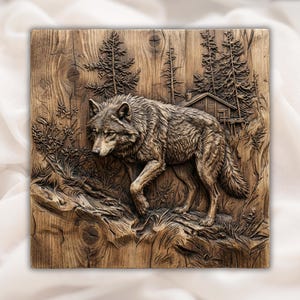 Wolf in Forest 3D Relief STL view 1