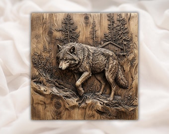 Wolf in Forest 3D Relief STL | Woodland Cabin Scene Wood Grain Carving Panel | CNC Router File, 3D Print, Laser Engrave | Home Decor