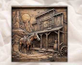 Wild West Saloon STL Relief | Cowboy Horse 3D Carving File for CNC | Western Wall Art Panel | Hand Carved Wood Grain Look STL | Home decor