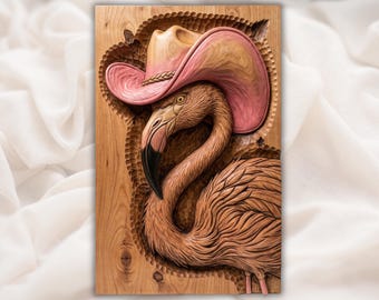 Flamingo Cowboy Hat STL | Funny Tropical Bird Relief | Western Wall Decor | Beach House Artwork | Wood Carving Design | Rustic Plaque File