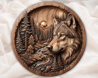 Wolf Mountain Landscape 3D Relief STL for CNC Router | Round Wildlife Wood Carving Panel | Forest Cabin Wall Art | 3D Print File
