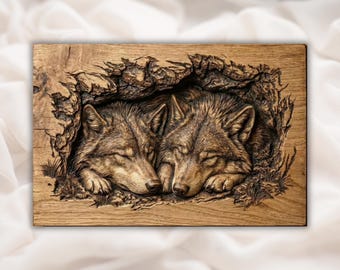 Pareja de lobos, archivo STL 3D / Lobos durmiendo en relieve CNC / Panel de madera tallado con estilo de vida silvestre del bosque acogedor / Decoración de pared de cabaña rústica