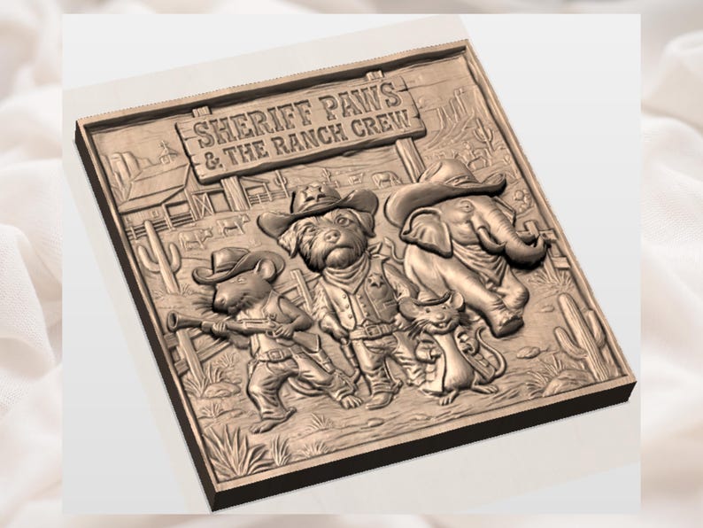 May include: A brown wooden relief carving featuring a western theme. The carving depicts a dog, elephant, and mouse dressed as cowboys, with the text "SHERIFF PAWS & THE RANCH CREW". The background includes a ranch scene with cacti.