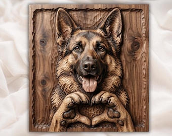 German Shepherd STL | Dog Love Relief | Heart Paws Wall Decor | Rustic Pet Artwork | Wood Carving Design | K9 Plaque File| Animal Plaque STL