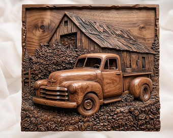 Vintage Truck STL | Farm Barn Relief | Rustic Wall Decor | Old Pickup Artwork | Wood Carving Design | Country Plaque File