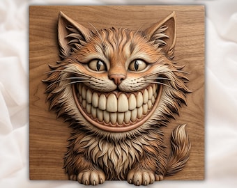 Whimsical Grinning Cheshire Cat Wood Carving CNC Relief STL | Wonderland Animal Wall Art Decor | Mischievous Cat Relief Panel