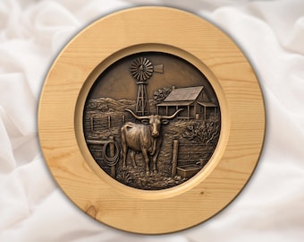 農家風牛のレリーフ（STLファイル）｜回転式回転台（レイジースーザン）インサート｜素朴な風車小屋の壁飾り｜カントリーキッチン牧場の飾り板