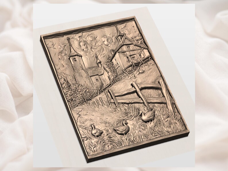 Peut inclure: Sculpture en relief de couleur bronze repr&eacute;sentant une sc&egrave;ne rurale. L'&oelig;uvre d'art pr&eacute;sente une &eacute;glise, une maison, une cl&ocirc;ture et trois canards dans un champ herbeux. Une pelle est appuy&eacute;e contre la cl&ocirc;ture. Le th&egrave;me g&eacute;n&eacute;ral est un paysage pastoral.