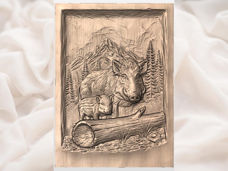 May include: A wooden relief carving depicts a wild boar with a young piglet in a forest scene. The artwork features a detailed carving of the animals, mountains, and trees, all within a rectangular frame. The relief is in shades of brown.