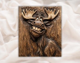 Funny Moose STL File | Cartoon Animal 3D Relief for CNC Router | Hand Carved Look Wood Grain Model | Rustic Cabin Wall Art